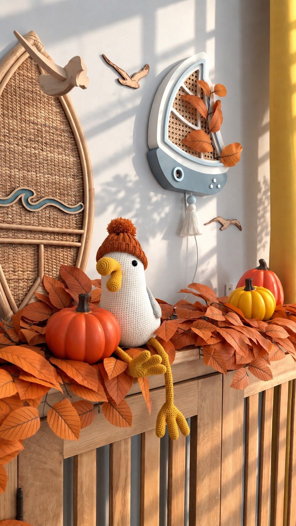 A rattan surfboard mirror, a seagull and paper pumpkins on a wooden cabinet.